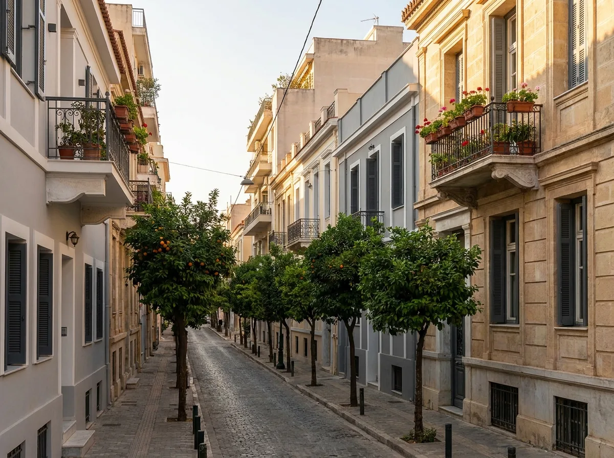 A quiet residential street of neoclassical buildings and orange trees in Athens