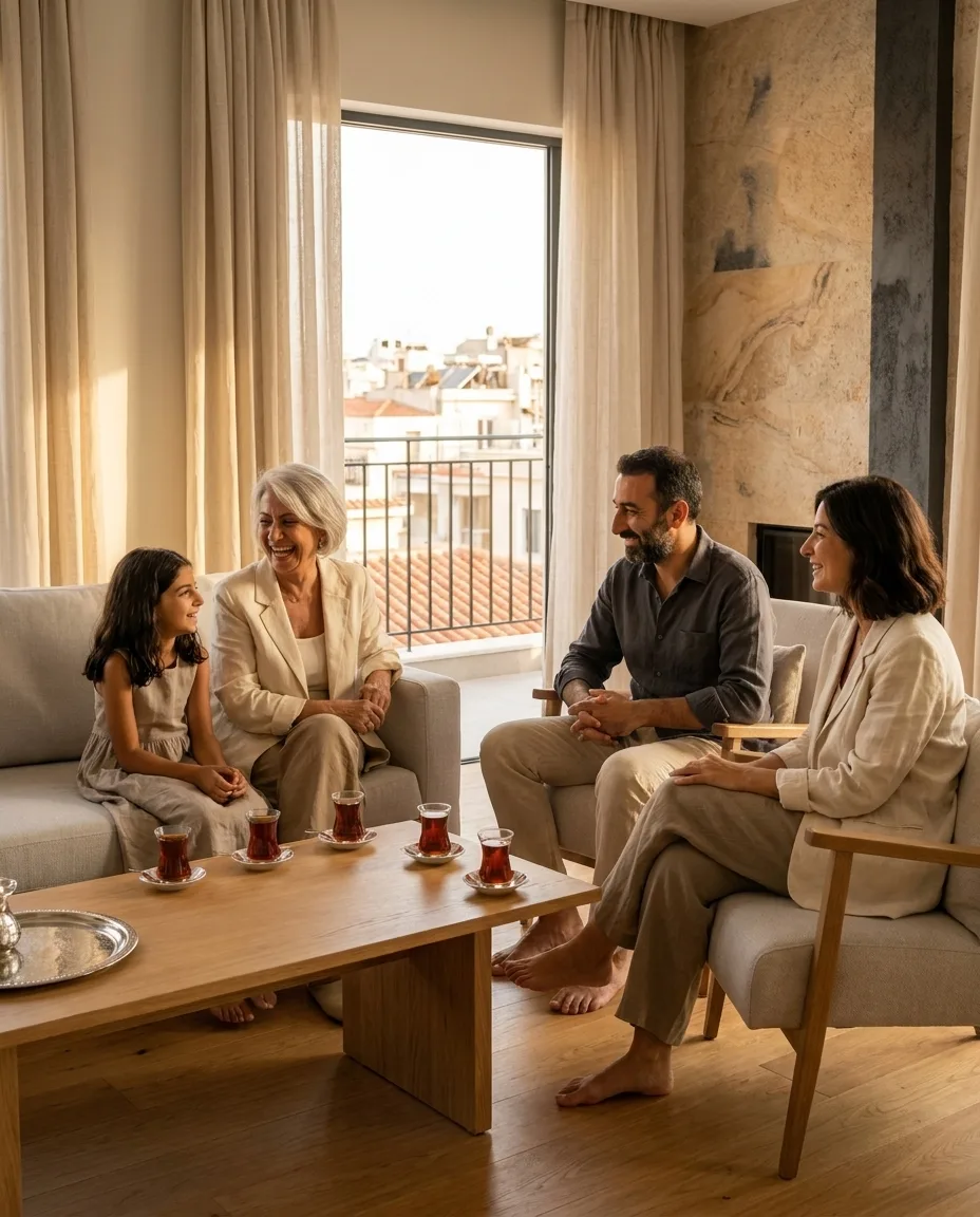 A Turkish family of three generations relaxing together in the bright living room of their Athens apartment