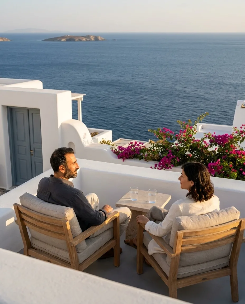 A Turkish couple relaxing on a whitewashed terrace on a Greek island, looking out over the Aegean Sea