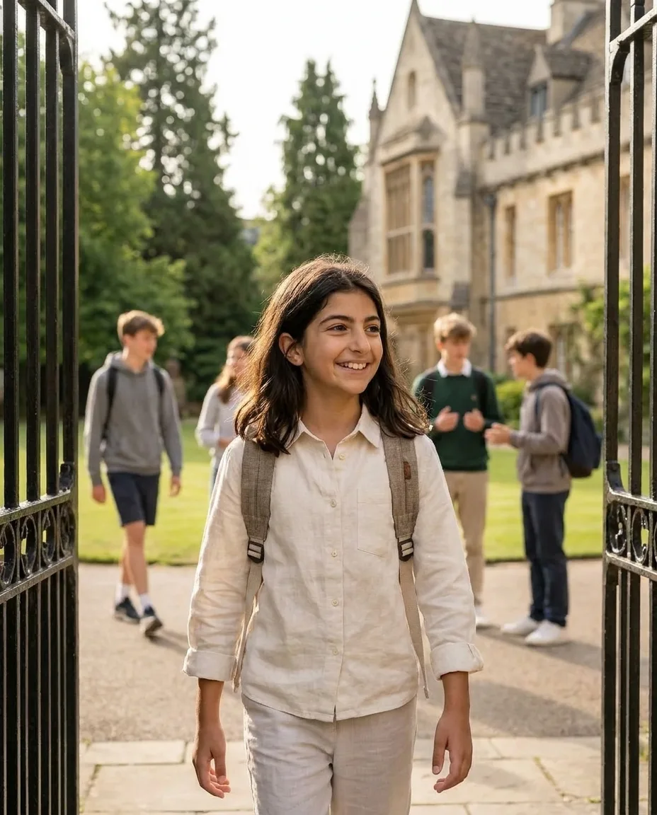 A smiling girl with a backpack arriving at an international summer school campus in Europe