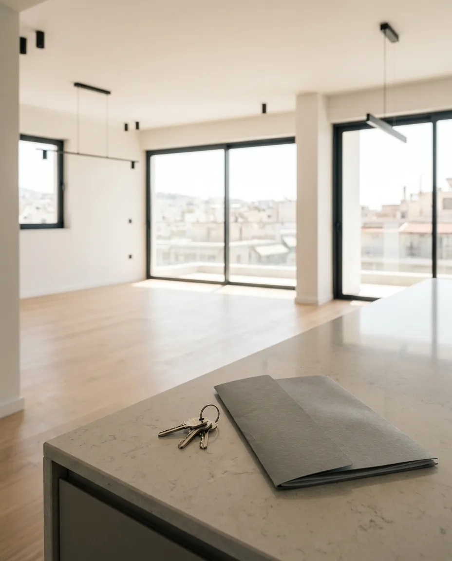 A finished, bright Athens apartment on handover day, keys resting on the kitchen counter